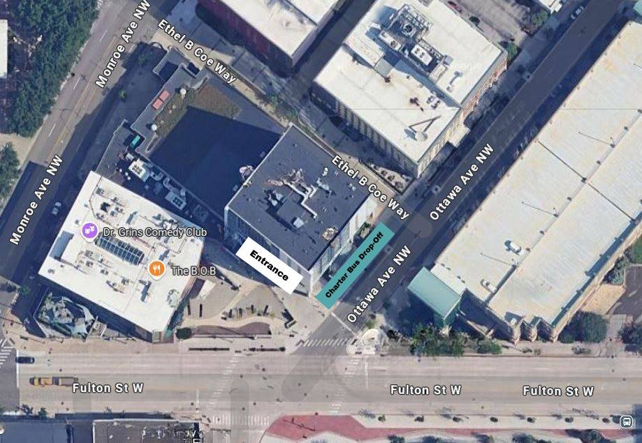 Charter bus drop-off location outside GLC Live at 20 Monroe